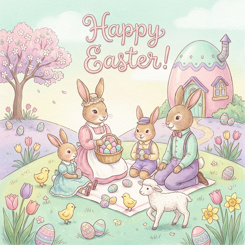 Happy Easter pastel spring illustration with text
