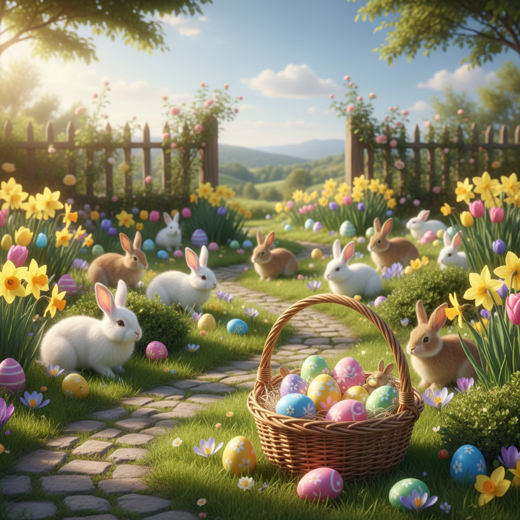 Sunny Easter scene with bunnies and colored eggs